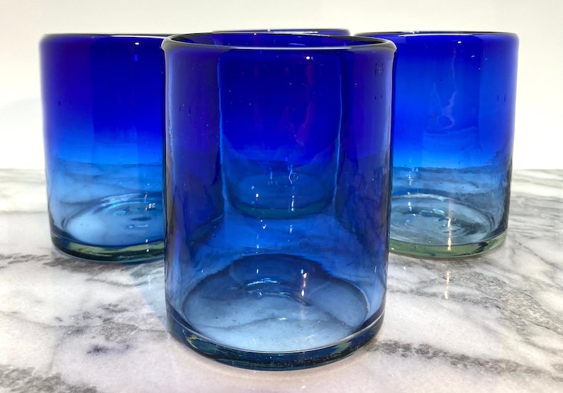 Hand Blown Glassware Set Blue Recycled Ombre Drinking Glasses Craft Cocktail/Margarita/Juice Sustainable Gift for Mixologist Cobalt Tumblers image 1