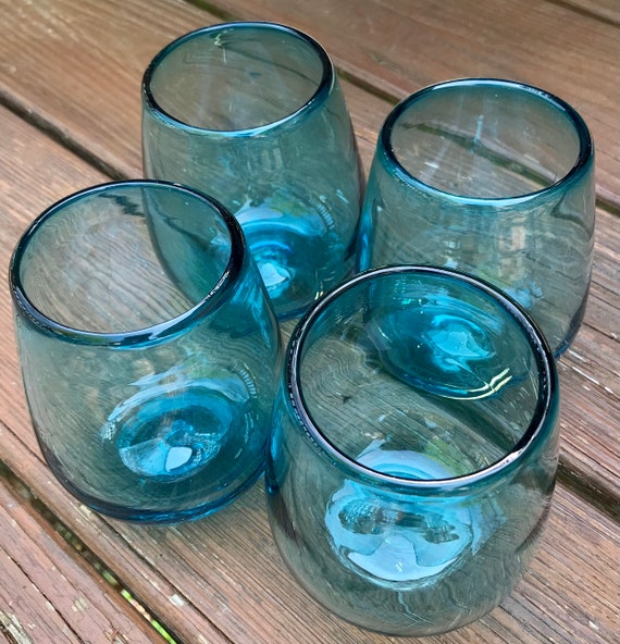 Turquoise Blue Stemless Wine Glasses Hand Blown Recycled Glass set
