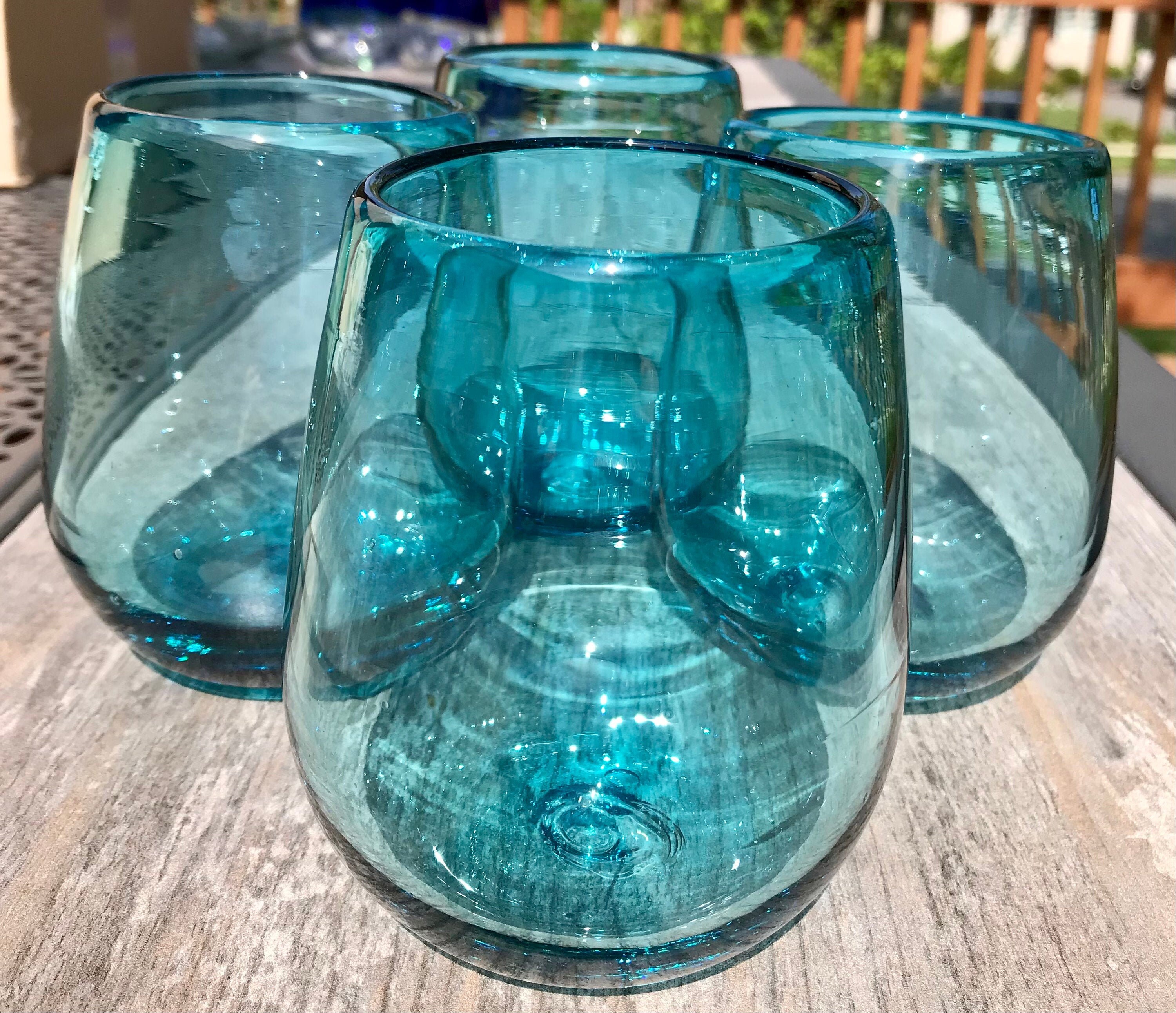 Turquoise Blue Stemless Wine Glasses Hand Blown Recycled Glass Etsy UK