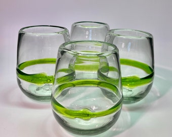 Stemless Wine Glasses Hand Blown Recycled Glass Emerald Green Accent (Set of 4)  Cabo Beach House Gift Cocktail/Margarita Glass Eco Gift