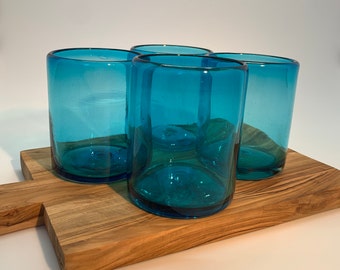 Turquoise Blue Handblown Recycled Glasses Lowball/Rocks/Cocktail Glass Set Juice/Margarita Hand Blown Eco Friendly Unique (Set of 4)