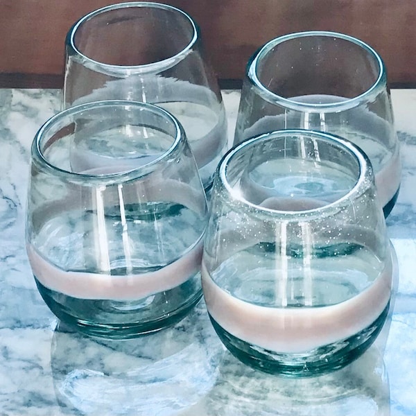 Stemless Wine Glasses Handblown Recycled Glass (Set of 4) Light Pink Infused Ring EcoFriendly Juice/Cocktail/Margarita/Mimosa Baby Reveal