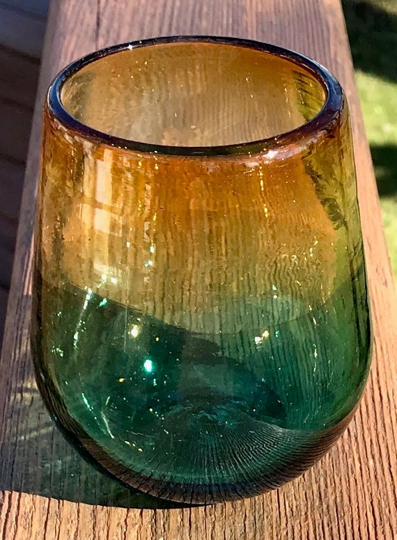 Blue Stemless Wine Glasses. Hand Blown Cocktail Drinking Glass Made in USA  