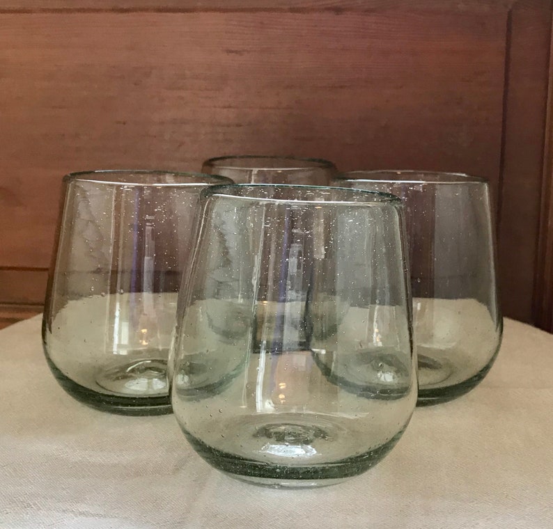 Handblown Recycled Glass Stemless Clear Wine Glasses Set of 4 Eco Friendly Juice/Cocktail/Bourbon Artisan Hand Blown Unique Gift Cabo Style 画像 2