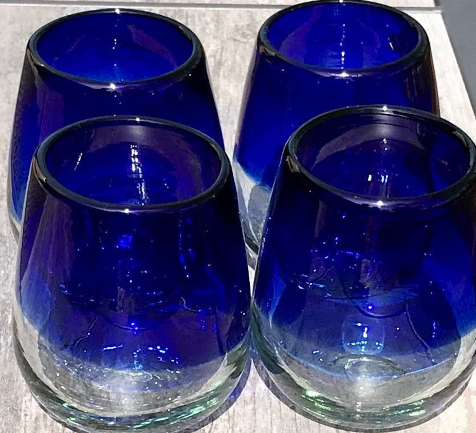 Cobalt Blue Stemless Wine Glasses Artisan Hand Blown Recycled Etsy