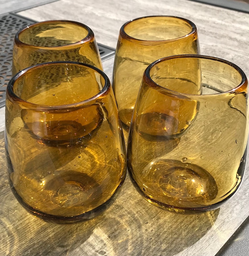 Amber Stemless Wine Glasses Recycled Glass Hand Blown (Set of 4 or 6