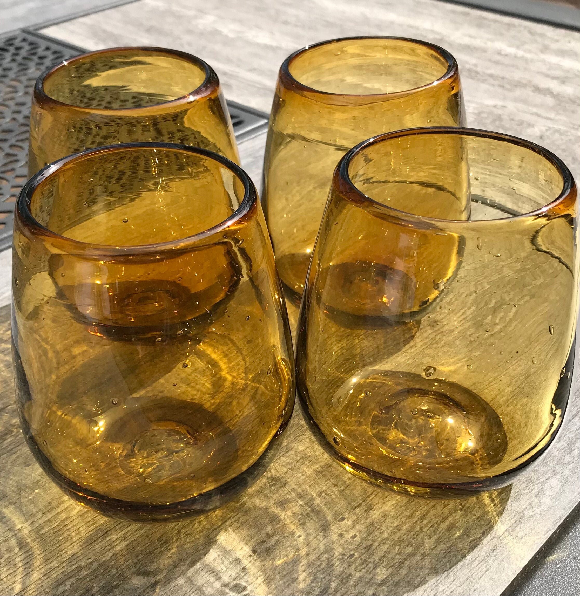 Amber Stemless Wine Glasses Recycled Glass Hand Blown Set of Etsy Polska