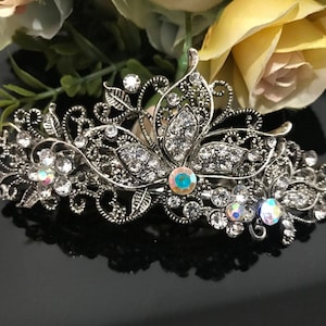 Vintage crystal Silver butterfly barrette, french clip, vintage hair accessory