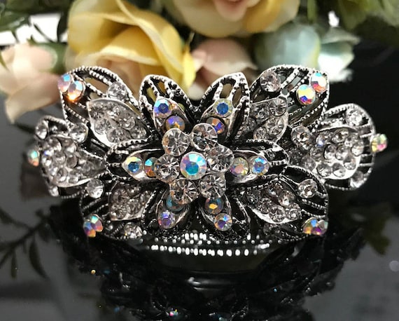 Vintage Silver Crystal Flower Hair Accessory Silver Crystal Flower Hair Clamp Clip Grip Claw Vintage  main image 4
