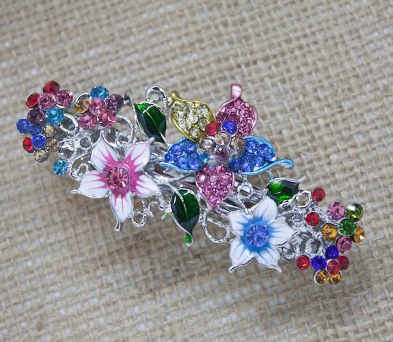 Medium Multi Color Crystal Flower Hair Barrette Clip Bridal 