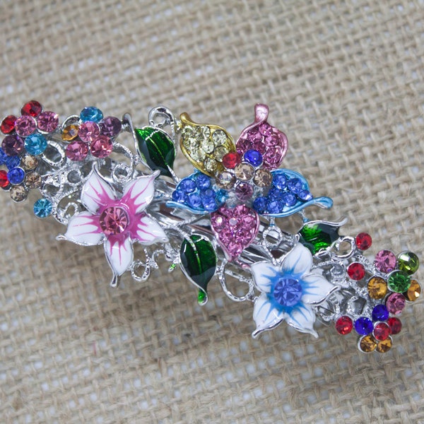 Medium multi color crystal flower hair barrette clip bridal barrette