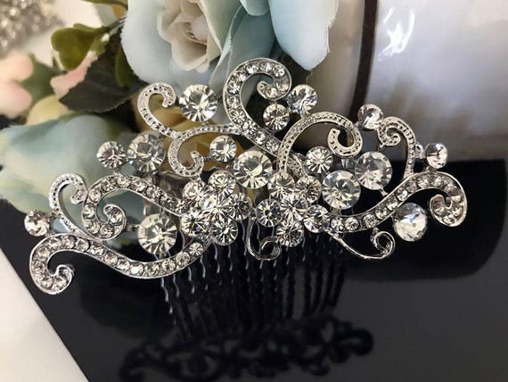 Silver Rhinestone Floral Hair Comb - Elegant Wedding Hair Accessory 3 Piece Flower Wedding Hair Pins Silver Leaf Bridal Hair  main image 2