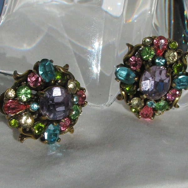 Magical and Vintage HOLLYCRAFT Pastel Rhinestone Cluster Oval Earrings, Copyright 1950, Excellent Condition, Mid Century Gold Clip Backs