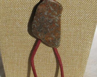 Unique Old Polished Plume Agate Bolo Tie, 2.75" by 1.75" Oblong Stone, Red Cloth Corded with Silver Metal Ends, 1960's Vintage Accessory
