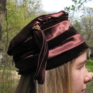 Vintage "Adele Claire" Labeled Mid Century Cocoa Brown Satin Bucket Hat, Rhinestone Pineapple Accent, Long Tassels, Union Label/H#7