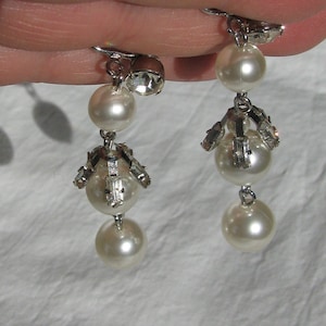 Beautiful, Uniquely Designed Dangling Faux Pearl Lady's Earrings, Baguette Rhinestones, 2 & 1/8" Long, Silver Tone Vintage 1960's Screw Back