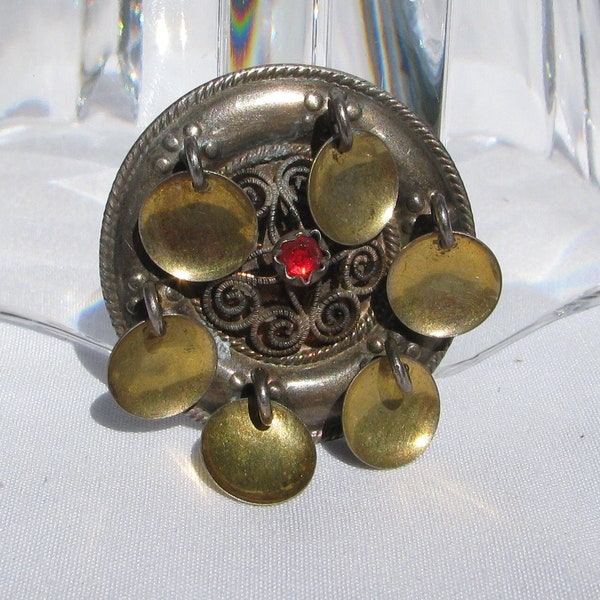 Beautiful Antique Scandinavian 830 Silver Sølje Brooch with Red Rhinestone Center, Bridal Piece, Gold Spoons, J Hallmarked, For The Bride