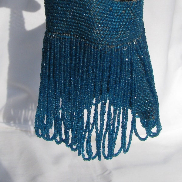 1920's Era Flapper Girl Turquoise Blue Glass Beaded Wristlet Handbag, Purse; Beaded Fringe. Beaded Cloth Top Strap, Antique Ladies Art Deco