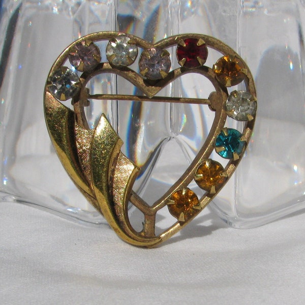 Fantastic Vintage 1940's 18K Gold Plated Heart Brooch with Multiple Colored Rhinestones, Wrapped Ribbons with Texture, Catamore?