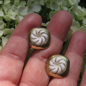 Unusual & Unique ANSON Carved White Milk Glass Men's Cuff Links, Gold Glitter Ribbons, Petite Softened 5/8" Squares, Marked Pat Pend, 1950's