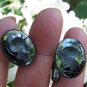 Regal & Well Designed Black Jet Carved Reverse Cameo Men&#39;s Sterling Silver Cuff Links, Vintage High Quality, Knight, Trojan Warrior, 1950&#39;s