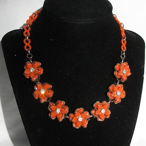 FUN Vintage 1960&#39;s Super Cute Orange Plastic Molded Flower Necklace, Layered Petals w/ Silver Borders, Rhinestone Centers, Peanut Loop Chain