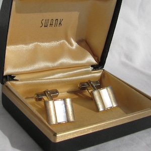 Vintage Formal SWANK Boxed Men's Cuff Links Pair, Gold Tone with Mother of Pearl, Rectangular Face, For the Groom, 1960's Accessory