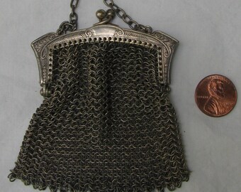 Antique Victorian Silver Metal Mesh Miniature Finger Ring Handbag, Purse; Chainmaille, Beautiful Etched Top Frame, Dangling Metal Beads