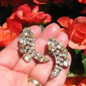 Antique Matching Pair of 1 & 5/8&quot; Rhinestone Dress or Fur Clips, Gold Foiled Open Back Bezels, Emerald and Teardrop Cut Faux Diamonds, 1930s