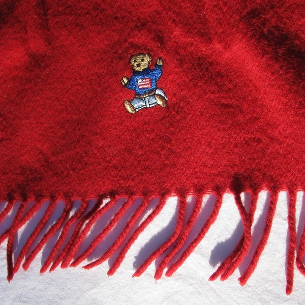 Vintage 1980's Polo Ralph Lauren Classic Bear with Flag Red Scarf, Fringe, 100% Lambs wool, Made in Scotland, 60" by 11.5", Lovingly Worn
