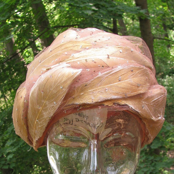Stunning 1960's Vintage Christian Dior Turban Tulle Chapeau Lady's Hat, Rose Brown Colored Tulle w/ Gold Feathers & Sequins, Paris-New York