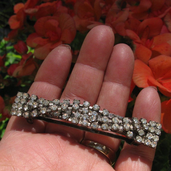 Lovely and Vintage Braided Clear Rhinestone Lady's Barrette, Faux Diamonds, Silver Prong Set, Made in France, 3" Unique Hair Accessory