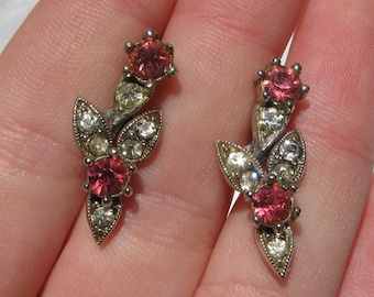 Alluring 1940's "BOGOFF" Signed Dangling Pink and Clear Rhinestone Earrings, Vintage Drop Silver Screw Backs, Lady's Elegant Accessory
