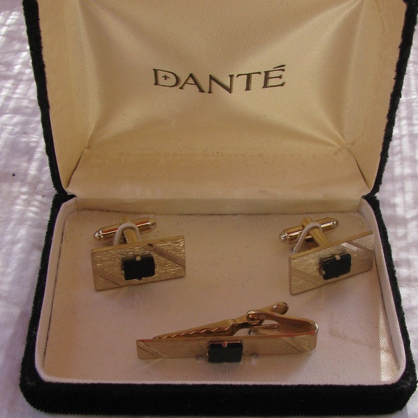 Vintage and Regal DANTE Black Onyx and Plated Brushed Gold Men's Formal Cufflink Set, Tie Bar, Original Box, 1960's Formal Attire Accessory