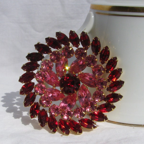 Exquisite Vintage Pre-1955 KRAMER of New York Signed Cartouche Large 2.25" Red & Pink Rhinestone Inverted Floral Dome Brooch, Gold Tone