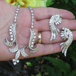 Astounding Vintage LEDO Signed Rhinestone Demi Parure, Center Drop Necklace & Matching Clip Earrings, Baguettes, 1950&#39;s Elegance, Polcini