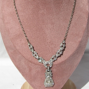Fantastic Antique Art Deco Pot Metal w Paste Rhinestones Lady's Center Drop Pendant Necklace, Baguettes & Round Stones, 15.5", Vintage Piece