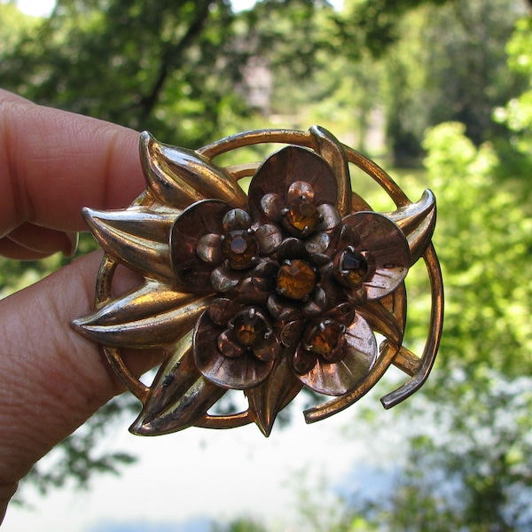 Fantastic Vintage Tri-Tone with Amber Rhinestones Floral Sterling Silver Layered Brooch, 2.25" by 2", 1940's