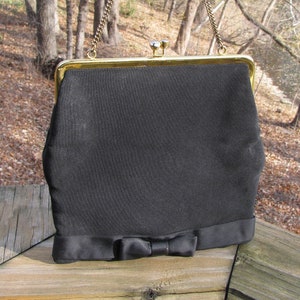 Mod Retro Uniquely Designed Lady&#39;s Black and Gold Handbag, Unique Lower Bow Front, Vintage 1960&#39;s, Unknown Maker, 8&quot; with Gold Chain Strap