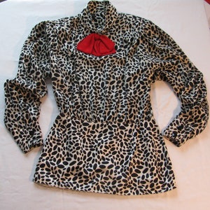 Vintage and Unique &quot;Louis Feraud&quot; Lady&#39;s Black & White Patterned Blouse with Red Bow at Neck, High Collar, 1980&#39;s High Fashion, US Size 6
