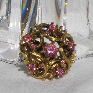 Fantastic Retro Costume Pink Rhinestone Adjustable Size Lady&#39;s Ring, Ornate Etched Open Work Face, Gold Tone, Vintage 1970&#39;s Big Sparkle!