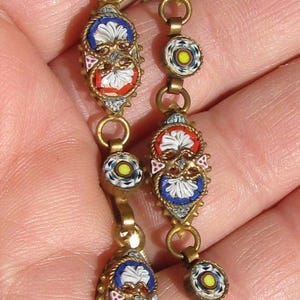 Colorful Antique Italy Made Micro Mosaic Glass Lady's Panel Link Bracelet, 1920's Vintage, Artisan Crafted, Ornate Brass Panels, Jewelry