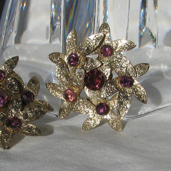Retro and Funky Large Gold Layered Flower Earrings with Amethyst Purple Rhinestones, Early 1960's Lady's 1.5" Clip Backs, Vintage Glitz