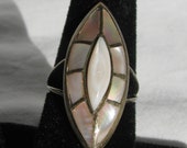 Outstanding RAYMOND YAZZIE Hallmarked Large Face Window Frame Mother of Pearl Inlay Sterling Silver Ring, 1.25 quot Dome, Size 7-7.25, Navajo