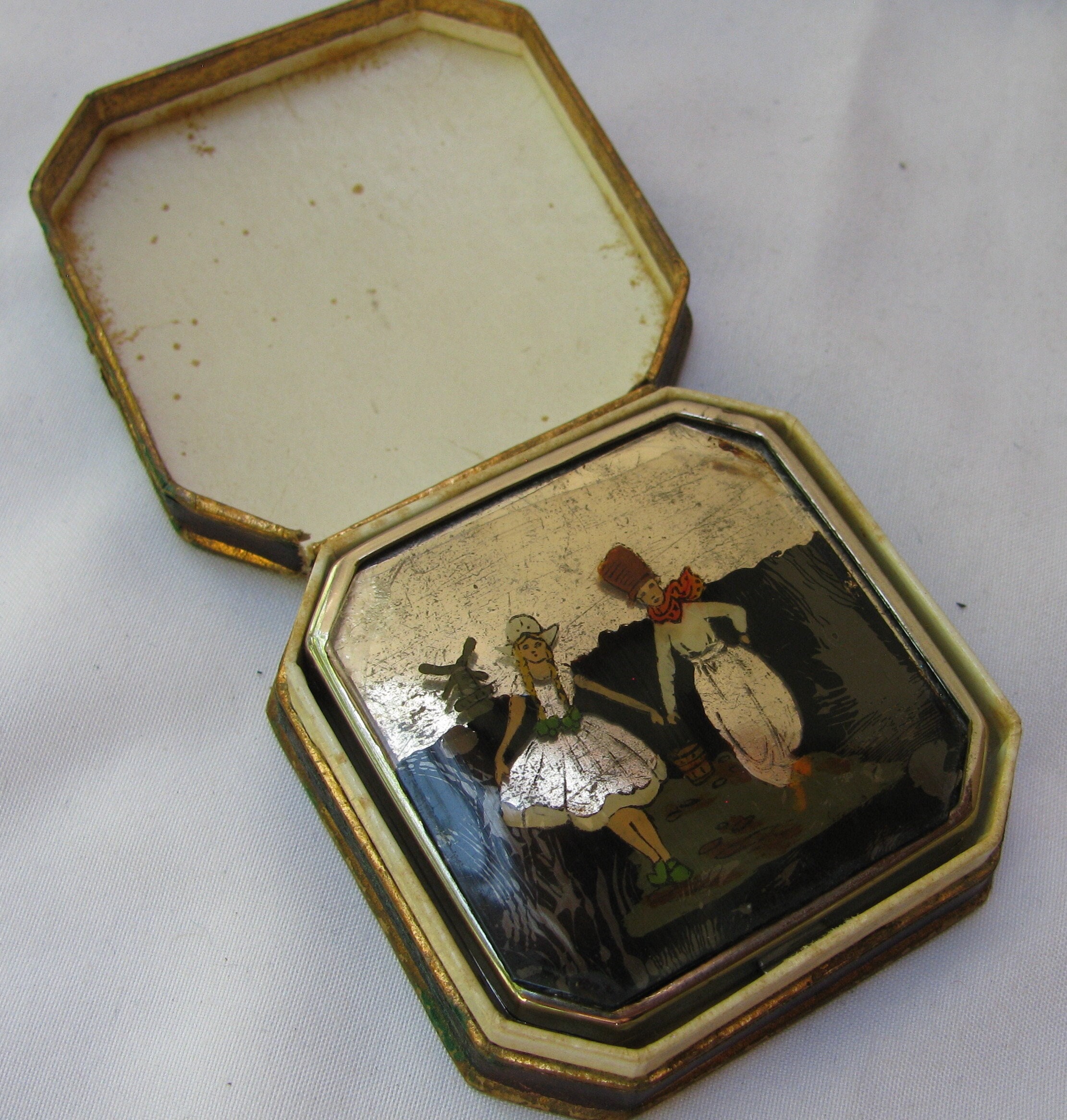 Antique "Strømmen Norway" Named Jeweler Boxed Lady's Compact, Hand Painted Plastic Slide Cover, Boy, Girl, Windmill, HTF, For Repair