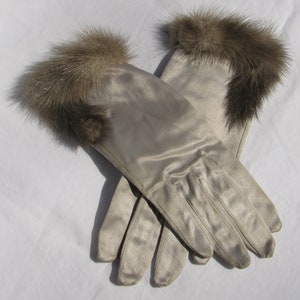 Fantastic Vintage Gray Silver Stretch Satin Fur Trimmed Lady&#39;s Gloves, Rhinestone Clasp, Western Germany Made, Size Large, 1950&#39;s Accessory
