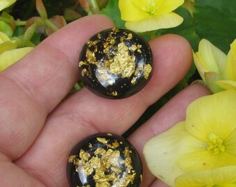 Elegant Vintage Mid Century Gold Glitter Flake Intaglio Black Lucite 1" Button Earrings, Late 1950's Clip Backs, Lady's Unique Jewelry