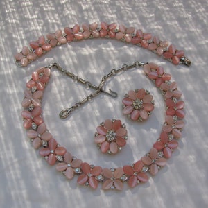 Heavenly Late 1960's Vintage LISNER 3 Piece Parure Set, Floral Pink Thermoset with Rhinestones, Necklace, Bracelet & Matching Clip Earrings
