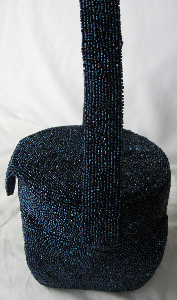 1940's K & G  Charlet Metallic Blue Beaded Bucket… - image 5