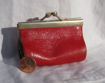 Unique Vintage MADE IN ITALY Marked Red Leather Small Framed Coin Purse, Kiss Lock Gold Clasp, Unknown Maker, High Fashion Accessory